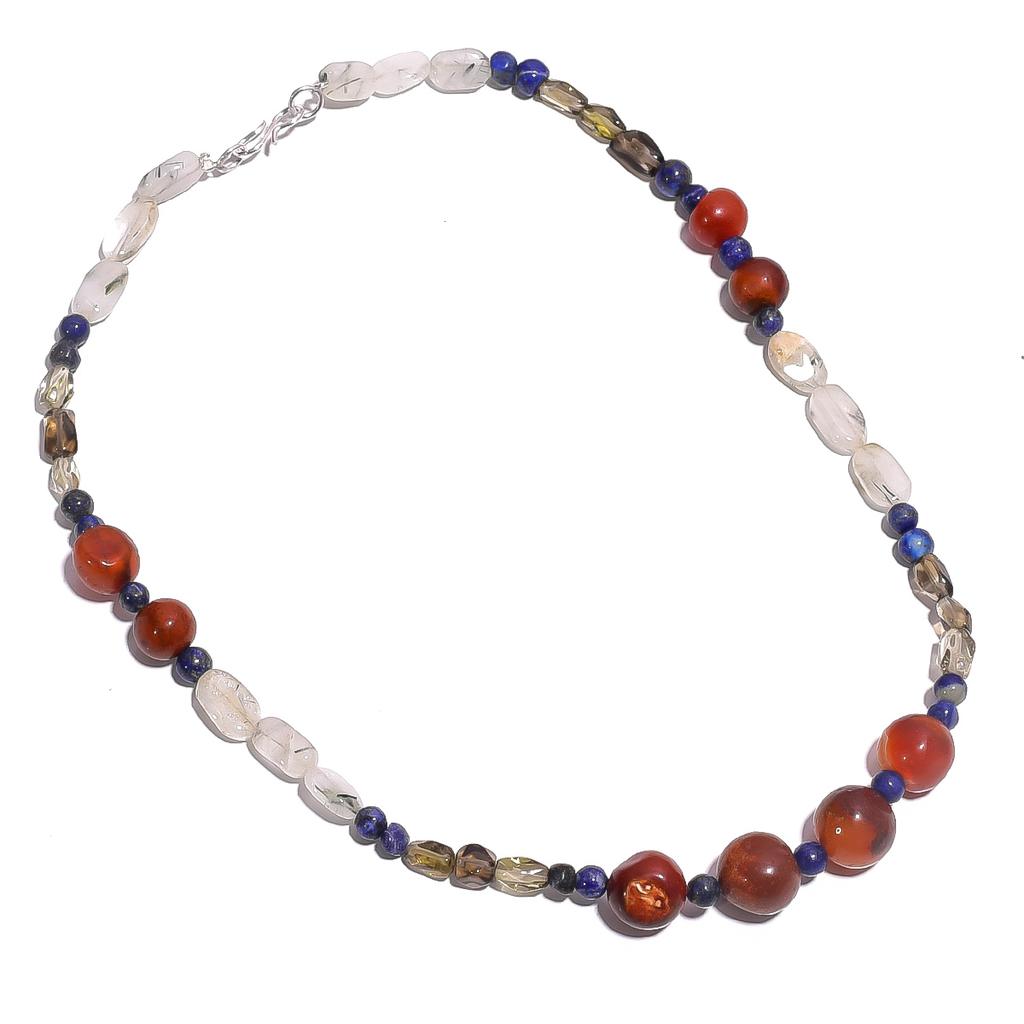 Natural Carnelian Smoky & Rutile Quartz Gemstone Beads Necklace 17" UB-4270 UB-4270