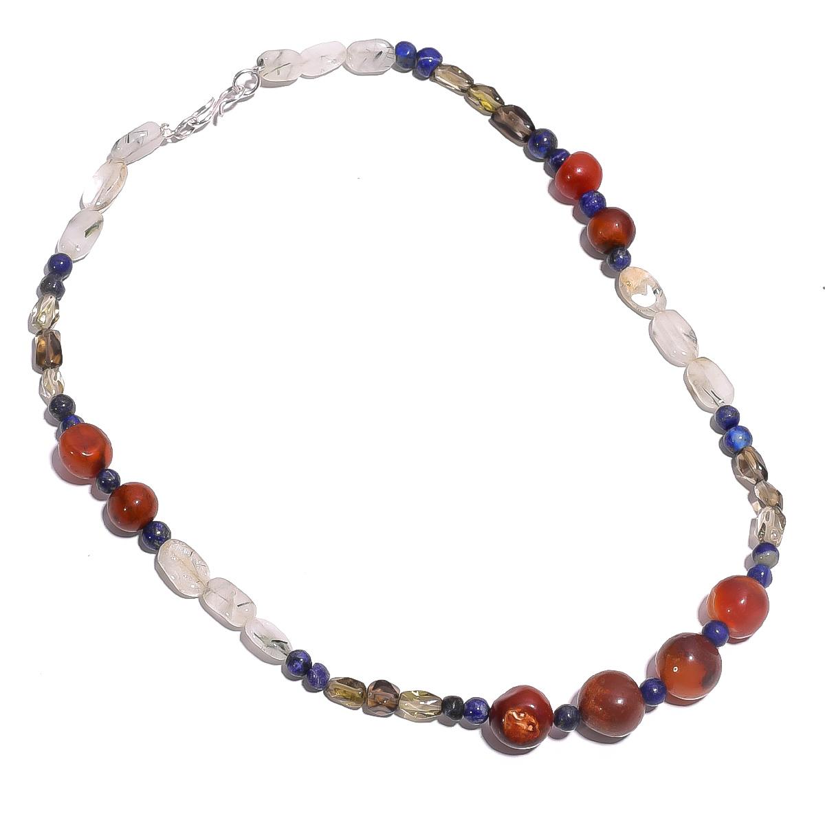 

Natural Carnelian Smoky & Rutile Quartz Gemstone Beads Necklace 17 UB-4270 UB-4270