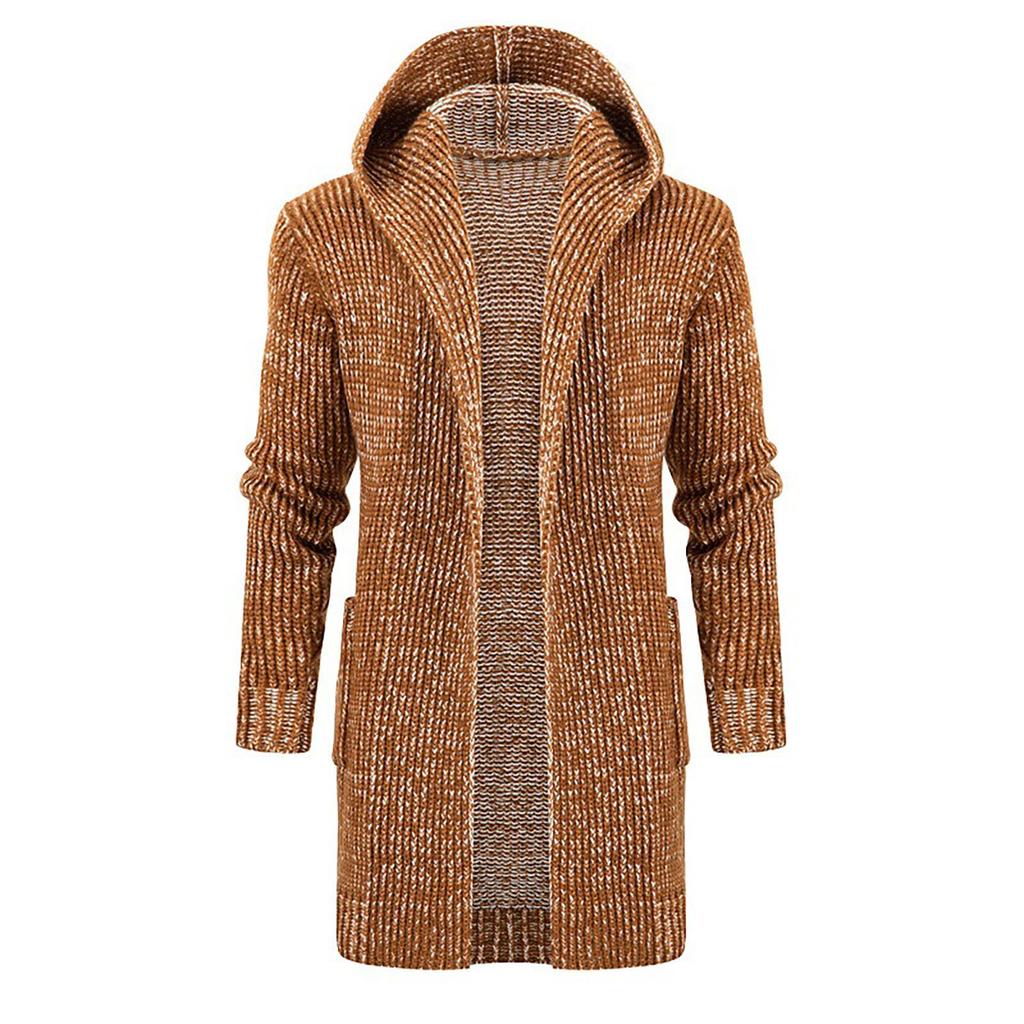 Cardigan lungo antivento con cappuccio in maglia tinta unita da uomo, maglione di media lunghezza