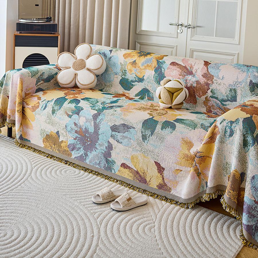 1pc Floral Pattern Sofa Towel INS Style All-cover Sofa Throw Blanket With Tassels Four Seasons Universal Couch Protector