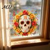 Reusable Floral Skull Stickers Day of The Dead Flower Static Sticker, Colorful Mexican Glass Waterproof Outdoor Holiday Decorations Halloween