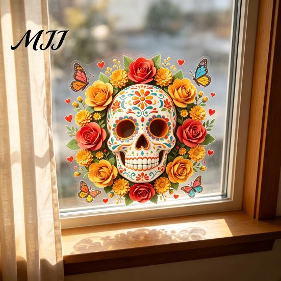 Reusable Floral Skull Stickers Day of The Dead Flower Static Sticker, Colorful Mexican Glass Waterproof Outdoor Holiday Decorations Halloween