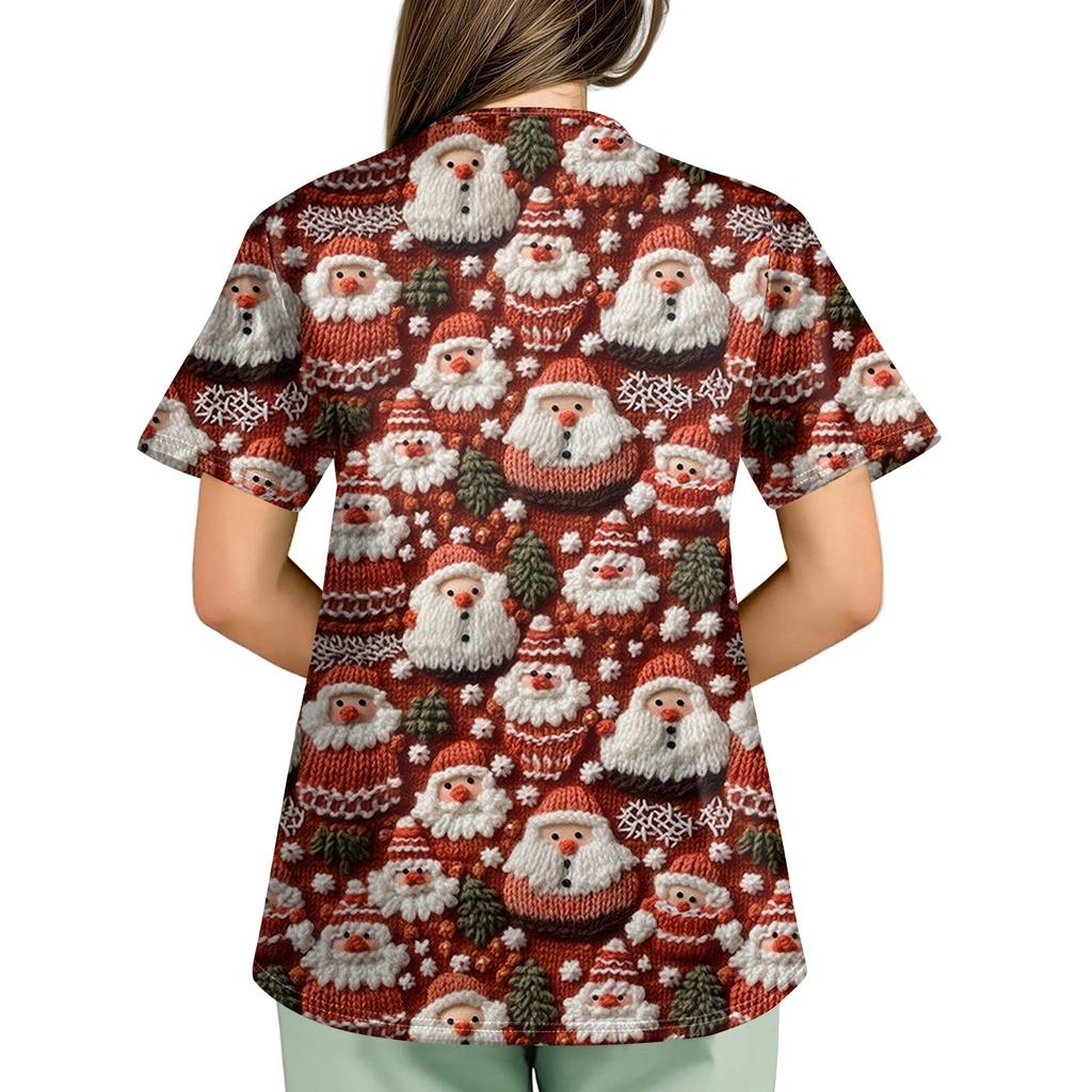 Plus SizePrinted Scrub Working Uniform Tops For Women's Cross V-Neck Print Short Sleeve Fun T-Shirts Workwear Tee With Pockets