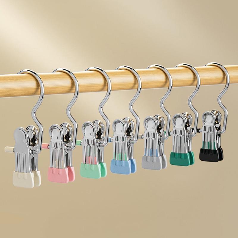 Multi Purpose Stainless Steel Clothes Pins with Hooks Windproof Drying Clips for Socks Hats