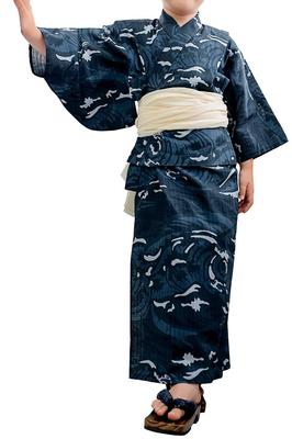 Yukata Unique Set Heiko Boys X Heiko Natural [KYOETSU] [Kyoetsu] Set, Weave, 3-Piece (Yukata, Obi, Geta) (Size 120, 1-Wave Blue-Green + Obi, White)