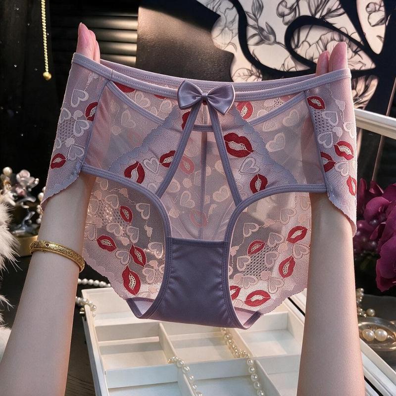 Plus-size Ladies Summer Sexy Lace Lip Print Cotton Crotch Mid High Waist Triangle Briefs