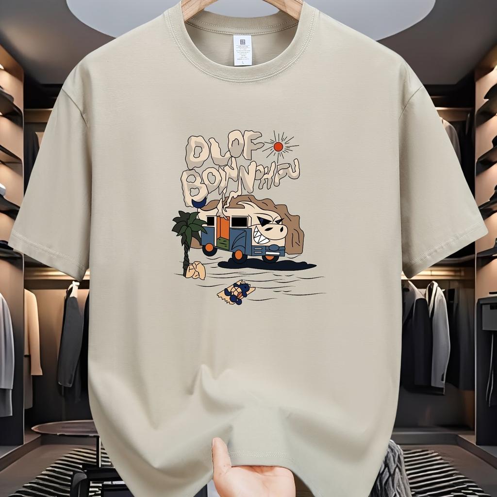 Pánské 100% čistá bavlna letní volný střih s potiskem kresleného vzoru ležérní a pohodlné tričko s kulatým výstřihem a krátkým rukávem