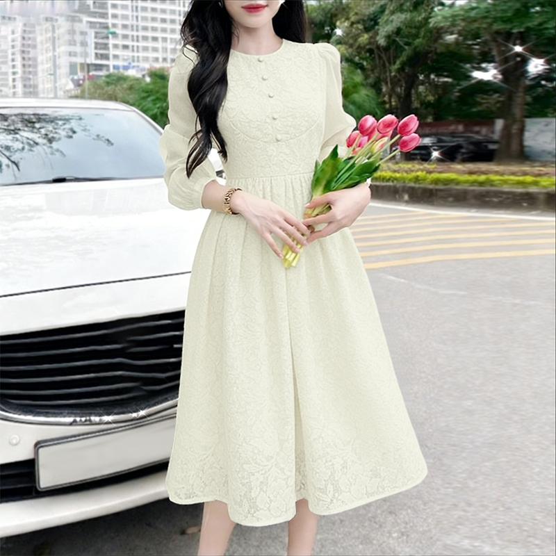 ZANZEA Women Elegant Round Neck Long Sleeve Lace Patchwork Casual Dress M абрикосовый