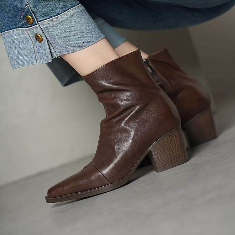 Premium Retro Brown Thick Heel Pointed Short Boots Women's 2025 Autumn and Winter Side Zipper Splicing Genuine Leather Chelsea Boots