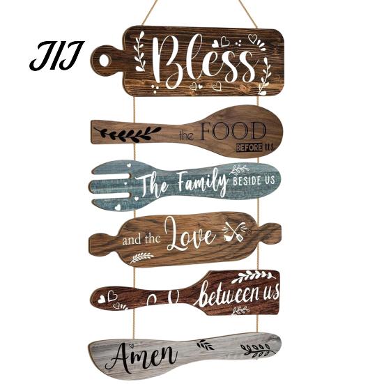 Distressed Kitchen Wall Art Rustic Wooden Hanging Sign for Decor, Cutlery Design Dining Room with Inspirational Family Slogan & Lanyard Farmhouse Home