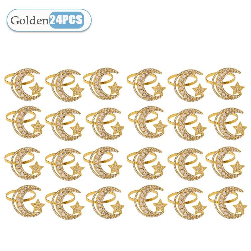 1-24PCS Elegant Metal Napkin Rings Ramadan Moon Star Design with Crystal Details for Festival Table Setting Celebration
