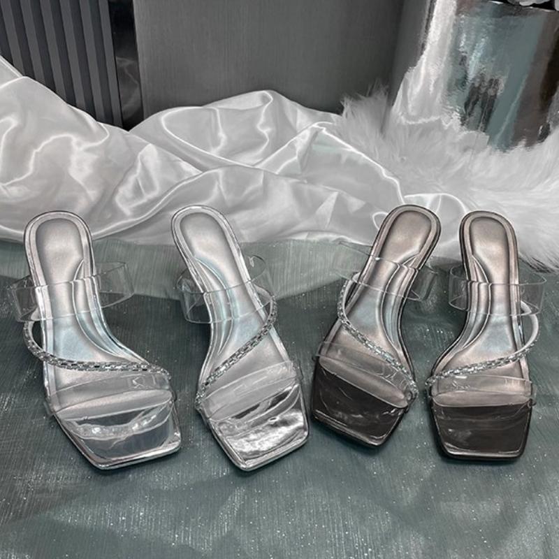 Neue Sommer Sexy Mode Zehenfrei Damen Sandalen Wasser Diamant Glänzend Quadratisch Kopf Bankett Damen High Heels Design