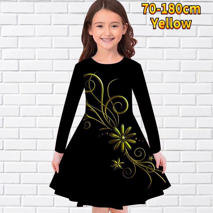 

Girl Casual Flower Lined Wings Print Round Neck Long Sleeve Dress Kid Princess Dress