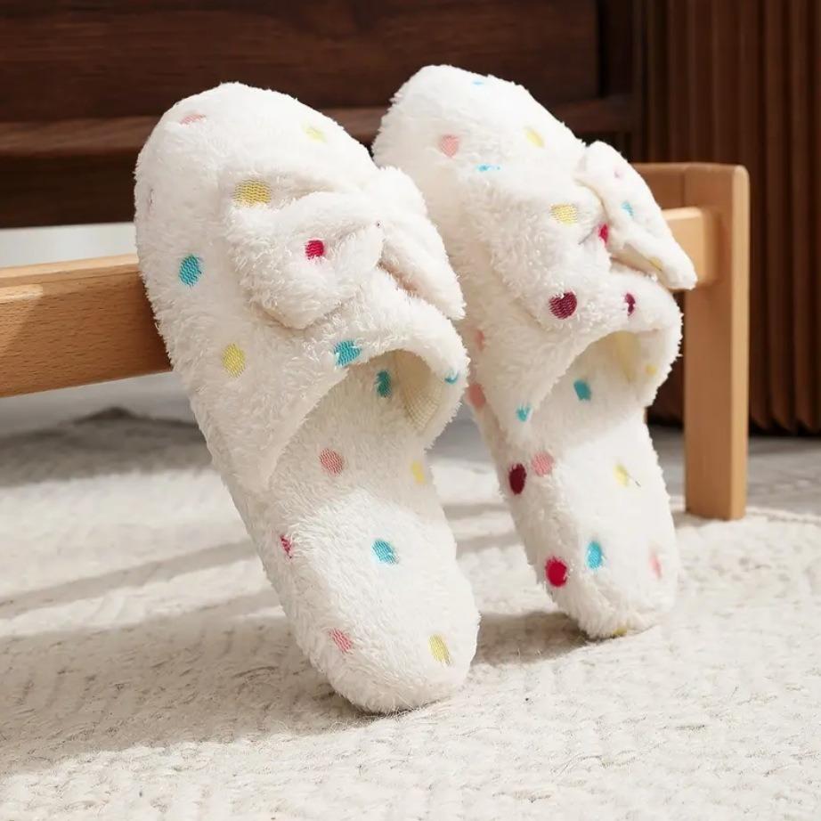 

Женские хлопковые тапочки в горошек с бантом, мягкие на мягкой подошве, удобные, зимние, теплые, плюшевые тапочки белый