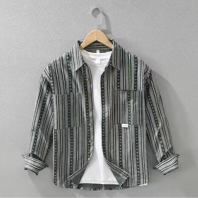 Polar Hemp Japanese-Style Retro Mixed Color Stripe Long Sleeve Cotton Linen Shirt Men's Casual Breathable Plus Size Loose Linen Shirt