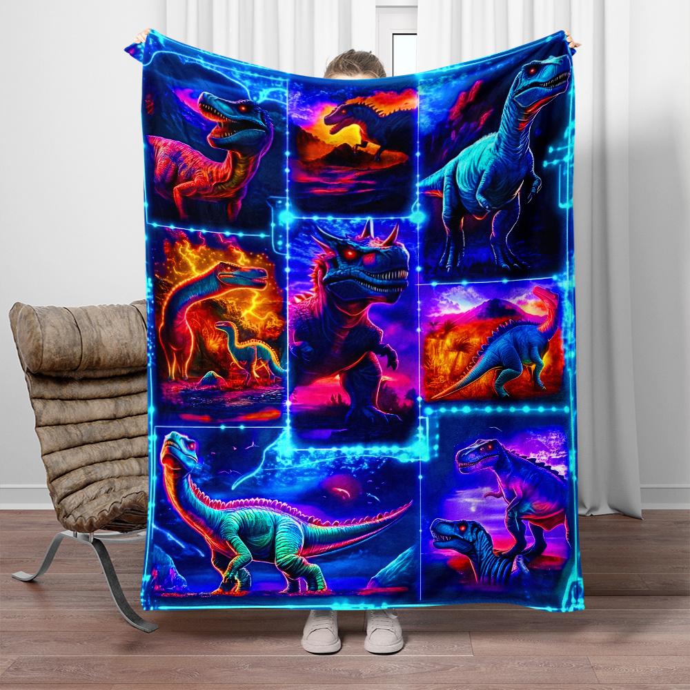 1pc Neon Dinosaur Galaxy Fleece Blanket Flannel Throw Vibrant Prehistoric Art Bed Cover Sci Fi Dino Lover Gift for Kids or Teens