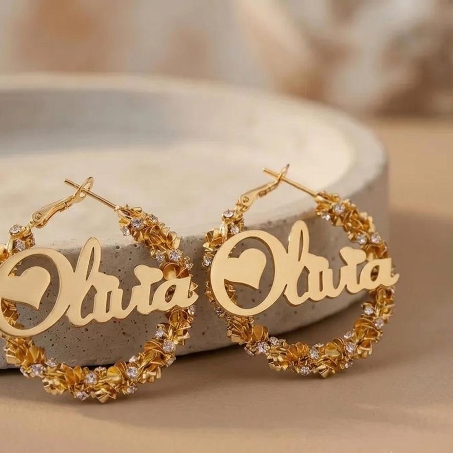 Personalized Custom Name Hoop Earrings 18K Gold Plated Stainless Steel Floral Diamond Nameplate Earrings Jewelry 40mm золотой