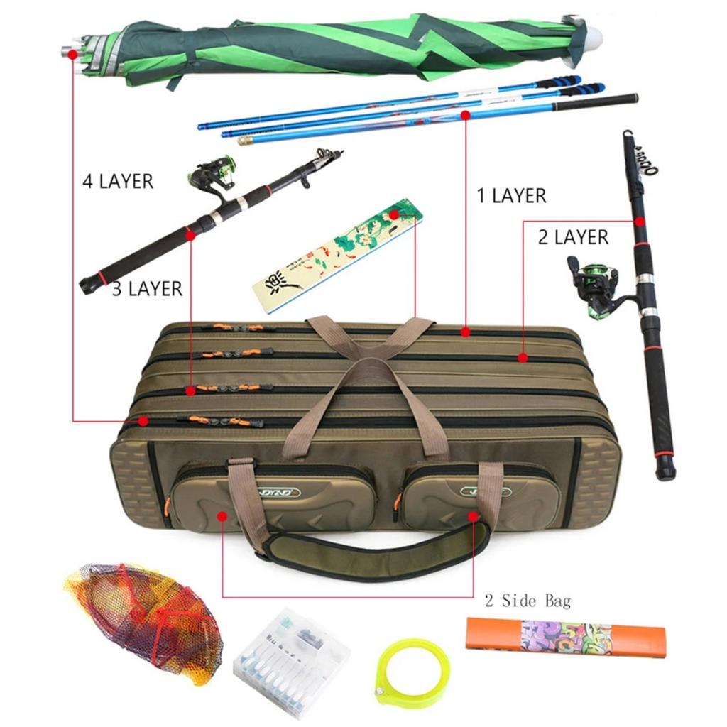 Hard Steel Fishing Rod bag Adjustable 2 3 4 Layer Tier Oxford Gear case with reel line Carrier for Travel Outdoor Organizer260319
