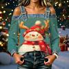 Women's Casual Off-Shoulder Long Sleeve Christmas Print Top for Holiday Parties