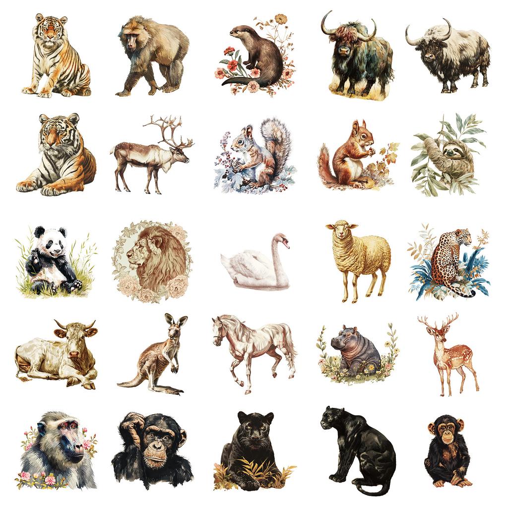 50 Stück Vintage Aquarell Tier Aufkleber Set - PP Wasserdichte Abziehbilder für DIY Tasse/Handyhülle/Skateboard/Gitarre Dekoration