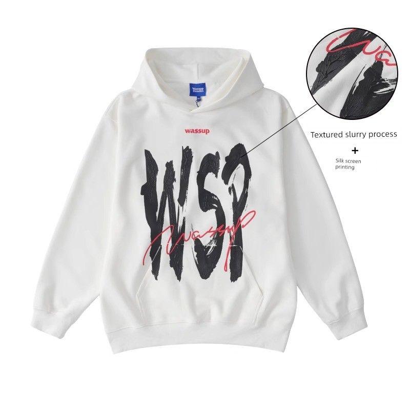 Wassup American-Style Inkjet Letter Sweatshirt for Men, Hooded, Autumn and Winter 2024 New Loose Casual Jacket Hoodie for Couples