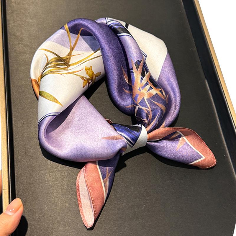 

Top Quality Chinese Style Purple Bamboo Crane Print Square Women Scarf 100% Silk Hijab Elegant Floral Ladies Neckerchiefs 53CMX53CM