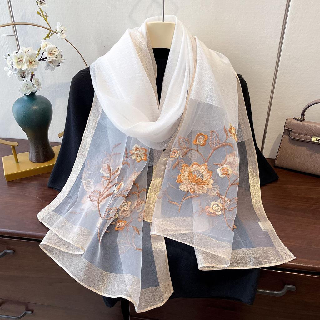 Imitation Silk Embroidered Long Silk Scarf for Women's Fashionable and Fashionable Mulberry Silk Sunscreen Scarf