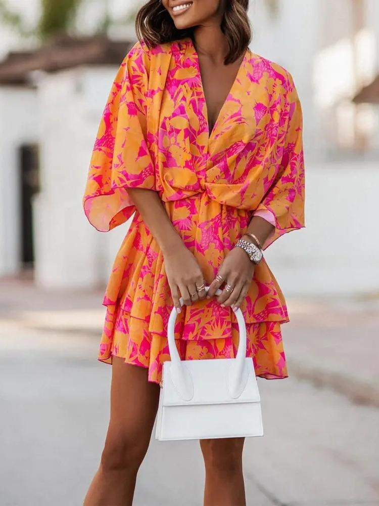 

Женское летнее свободное платье с v-образным вырезом, повседневное платье с рукавами «летучая мышь» и принтом, женское пляжное вечернее платье M темно-оранжевого