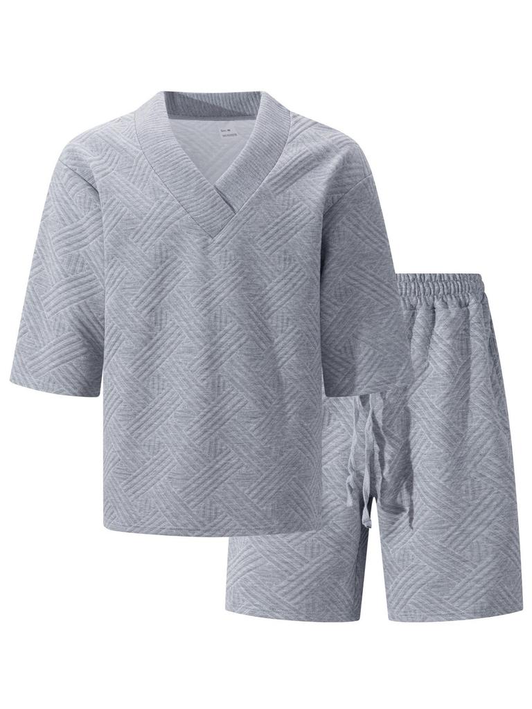 Men's V-neck Jacquard Casual Shirt & Shorts Set - Solid Color, Short-sleeve, Versatile