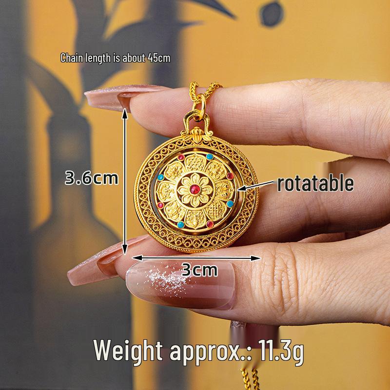 Vietnamese Sand Gold Rotatable Compass Pendant Necklace - Women's Versatile, Long-lasting Color Retention Jewelry with Eight Treasures Design