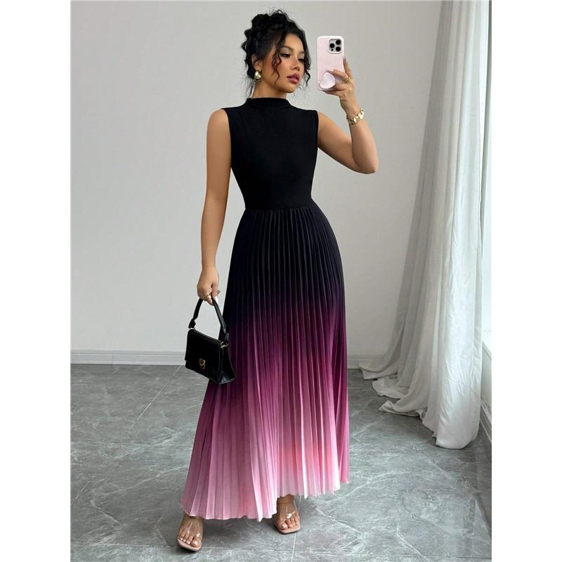 Graduated Color Sleeveless Round Neck Dress Long Skirt Korean Style Casual Fashion Comfortable Leisure Gradient Color Dress