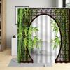 Chinese Style Shower Curtain Vintage Wood Board Garden Building Green Plant Floral Pattern Bathroom Decor Bath Curtain with Hook