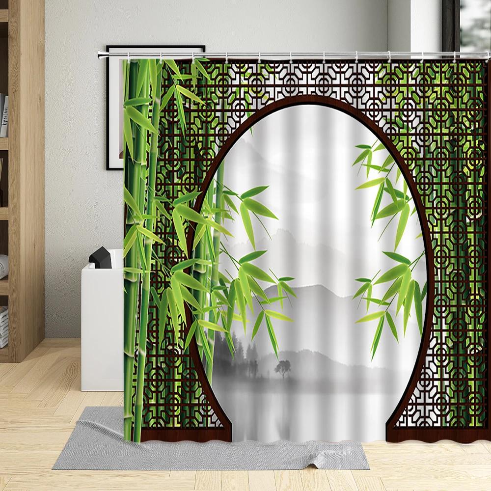 Chinese Style Shower Curtain Vintage Wood Board Garden Building Green Plant Floral Pattern Bathroom Decor Bath Curtain with Hook