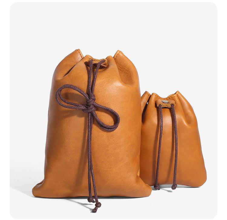 Vintage Genuine Leather Cowhide Coin Purse & Earphone Storage Drawstring Bag