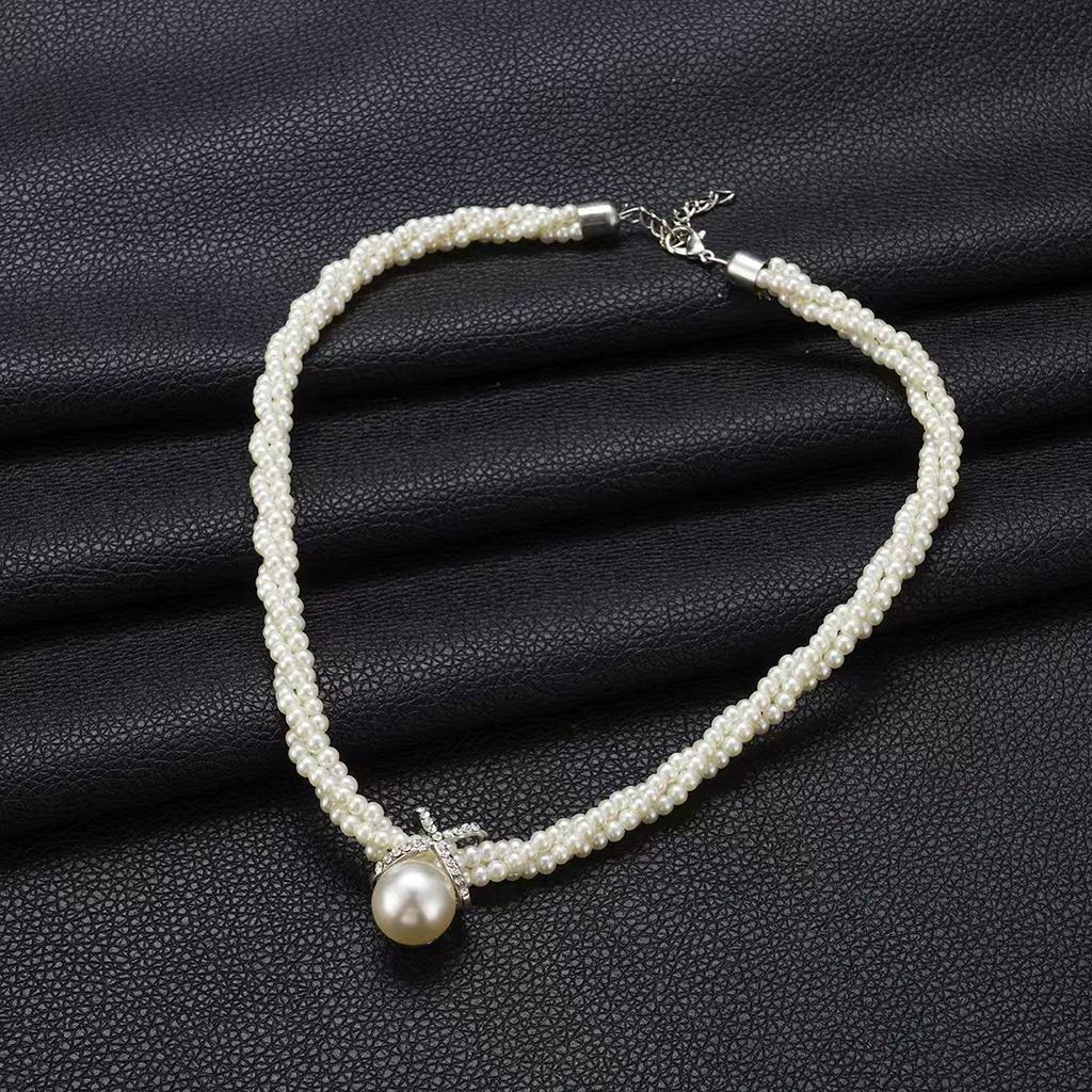 Women's Multi-layer Fried Dough Twists Collar Bone Winding Pearl Cross Short Necklace
