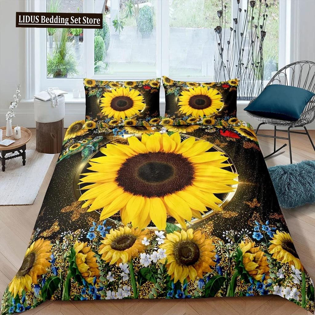 Vintage Sunflowers Duvet Cover Set Letters Bedding Set Letters And Sunflowers Printed Retro Girls Queen Size 23pcs Quilt Cover