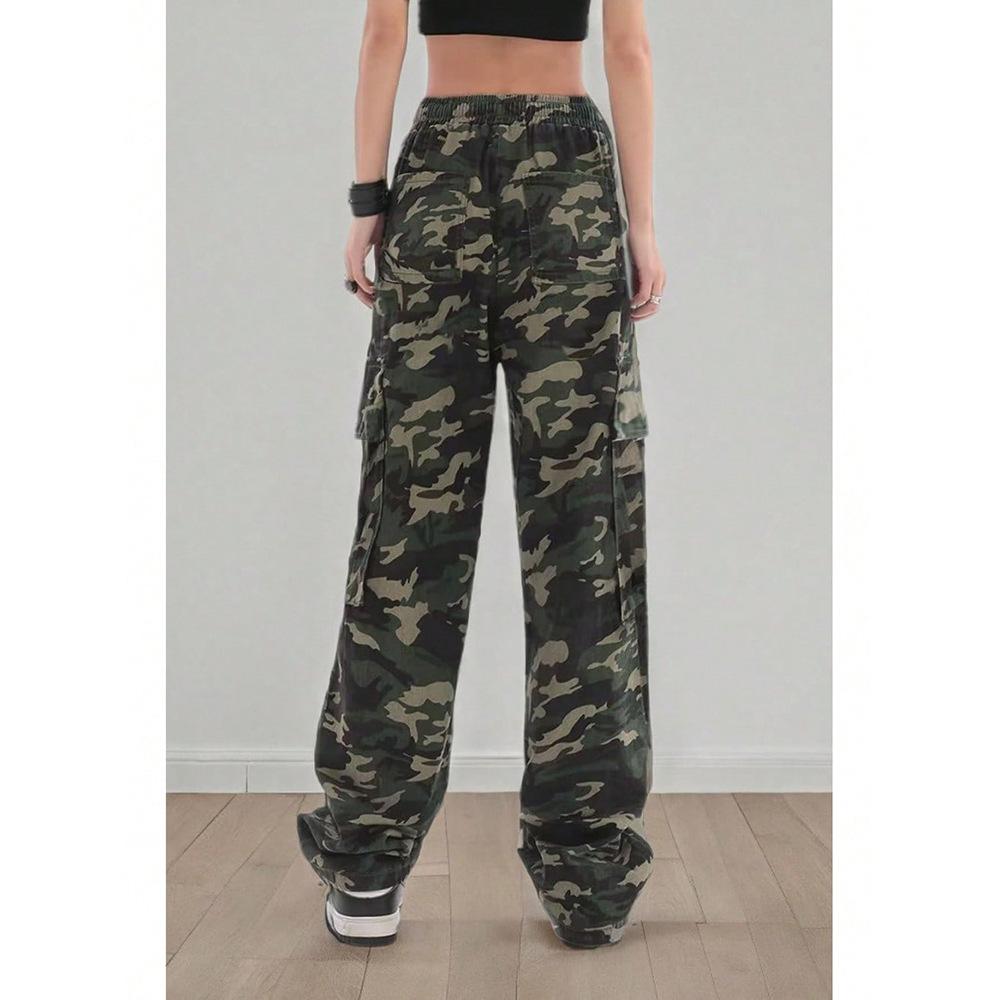 American multi-pocket camouflage casual pants women's loose straight pleated design wide-leg trousers
