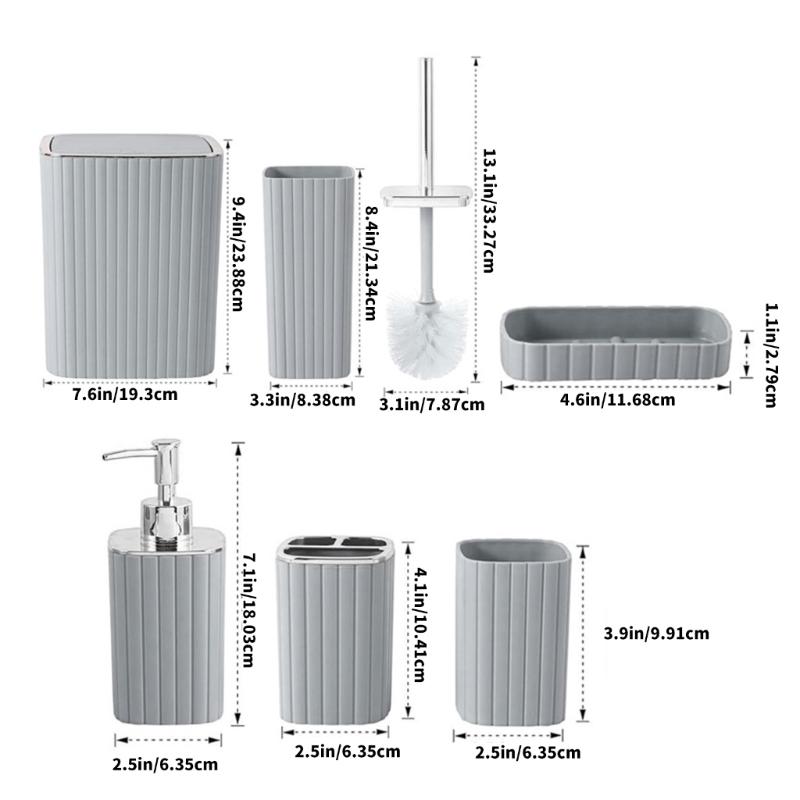 6Pcs Modern Bathroom Storage Set Includes Toothbrush Holder Hydraulic Liquid Dispenser Bottle Trash Can Cup Set