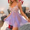 Women's Deep V-Shaped Sexy Patchwork High Waisted Backless Suspender with Mesh Short Skirt and Flower Embroidered Pajamas