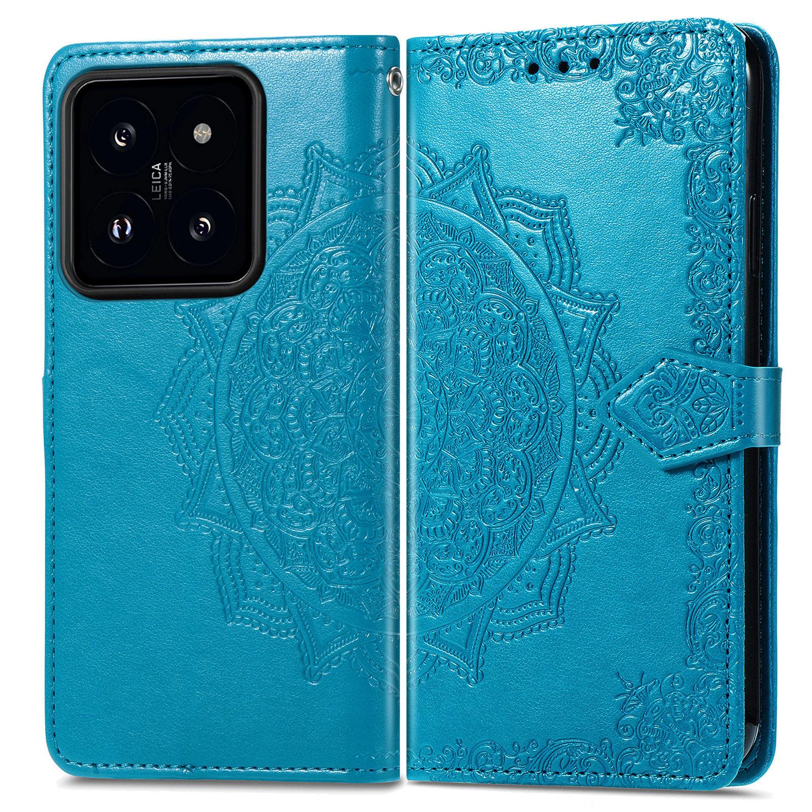 

For Xiaomi 14T Pro Case Mandala Embossed Design Leather Wallet Phone Cover Blue