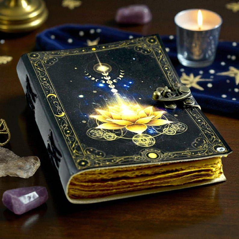 Golden Lotus Leather Journal: Handmade Book of Shadows, Witchy Grimoire