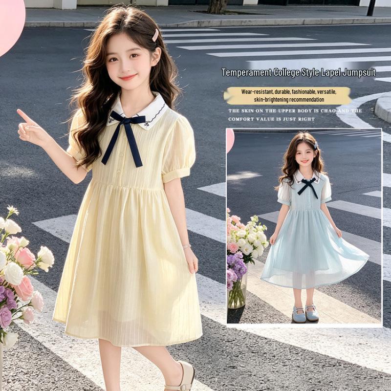 2026 Girls' Summer Dress - School Style Lapel Skirt for Big Kids