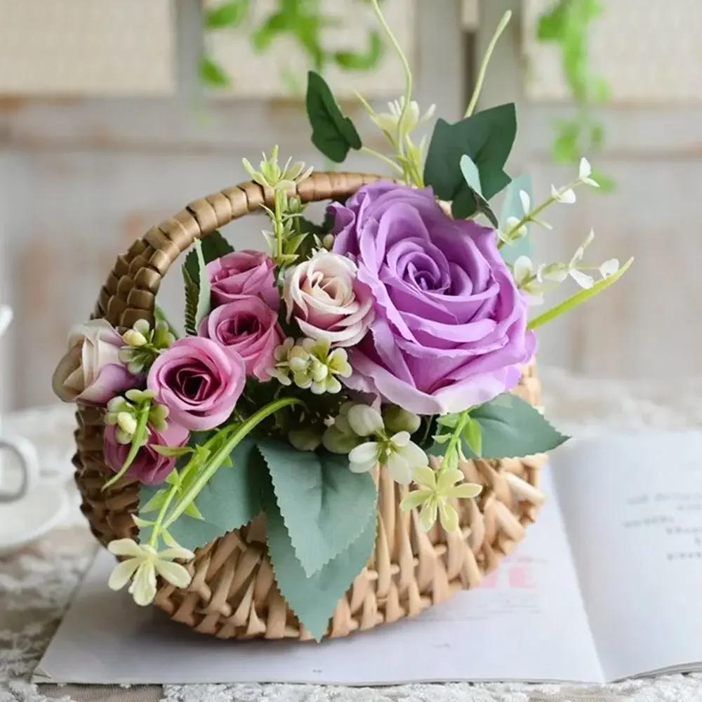 Weidenrattan Blumenmädchenkörbe Gelb Stabile Blumenarrangement-Körbe Geflochtene Körbe Picknick-Behälter Korb Halbmondkörbe