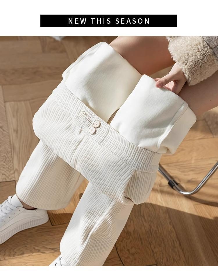 Petite Beige Fleece Chenille Wide-Leg Pants - Women’s High-Waisted Slim-Fit, Autumn/Winter Casual Straight-Leg XS-150