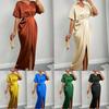 Women Satin V Neck Side Slit Maxi Dress Elegant Solid Color Wrap Evening Party Gown