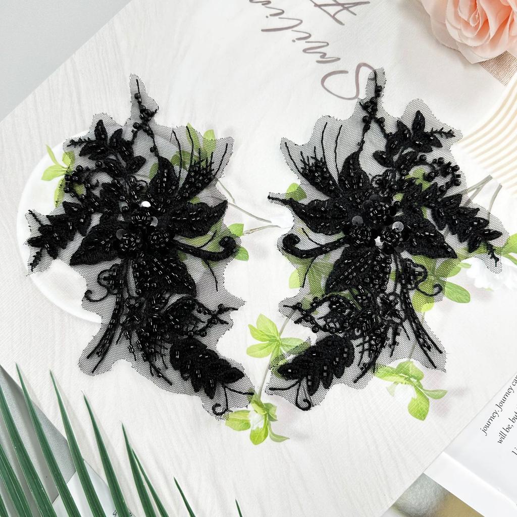Black Mesh Embroidery Flower Bead Sequin Flower Clothing Dress Wedding Bag Decoration Flower Cloth Sticker Accessories