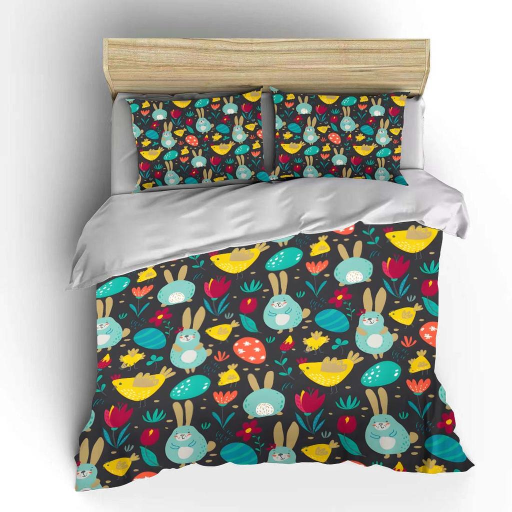 Colorful animals and Easter eggs Pattern Duvet Cover Set Digital Print Colorful Polyester Bedding with Zipper Closur kids gifts