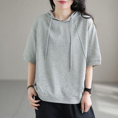 Camiseta Oversize Mujer Verano con Capucha Manga Media Camiseta Estilo Coreano Tops Sueltos 98% Algodón Diseño de Moda Camiseta Lisa Top Y2k