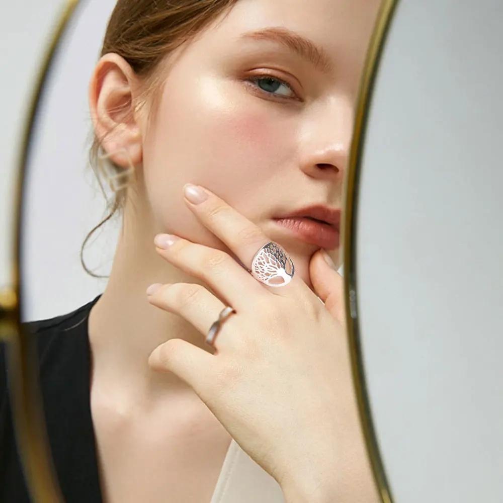 Sterling Silver Tree Of Life Ring Hollow Round Geometric Ring For Women Vintage Amulet Jewelry Anniversary Gifts