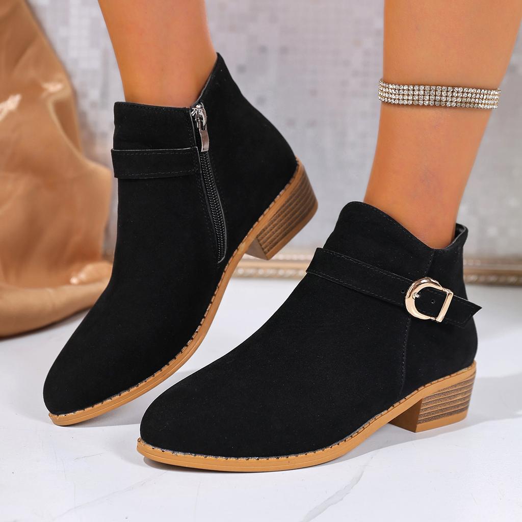 Retro Buckle Strap Ankle Boots Women Low Heels Brown Platform PU Leather Boots Woman  Autumn Side Zipper Short Botas
